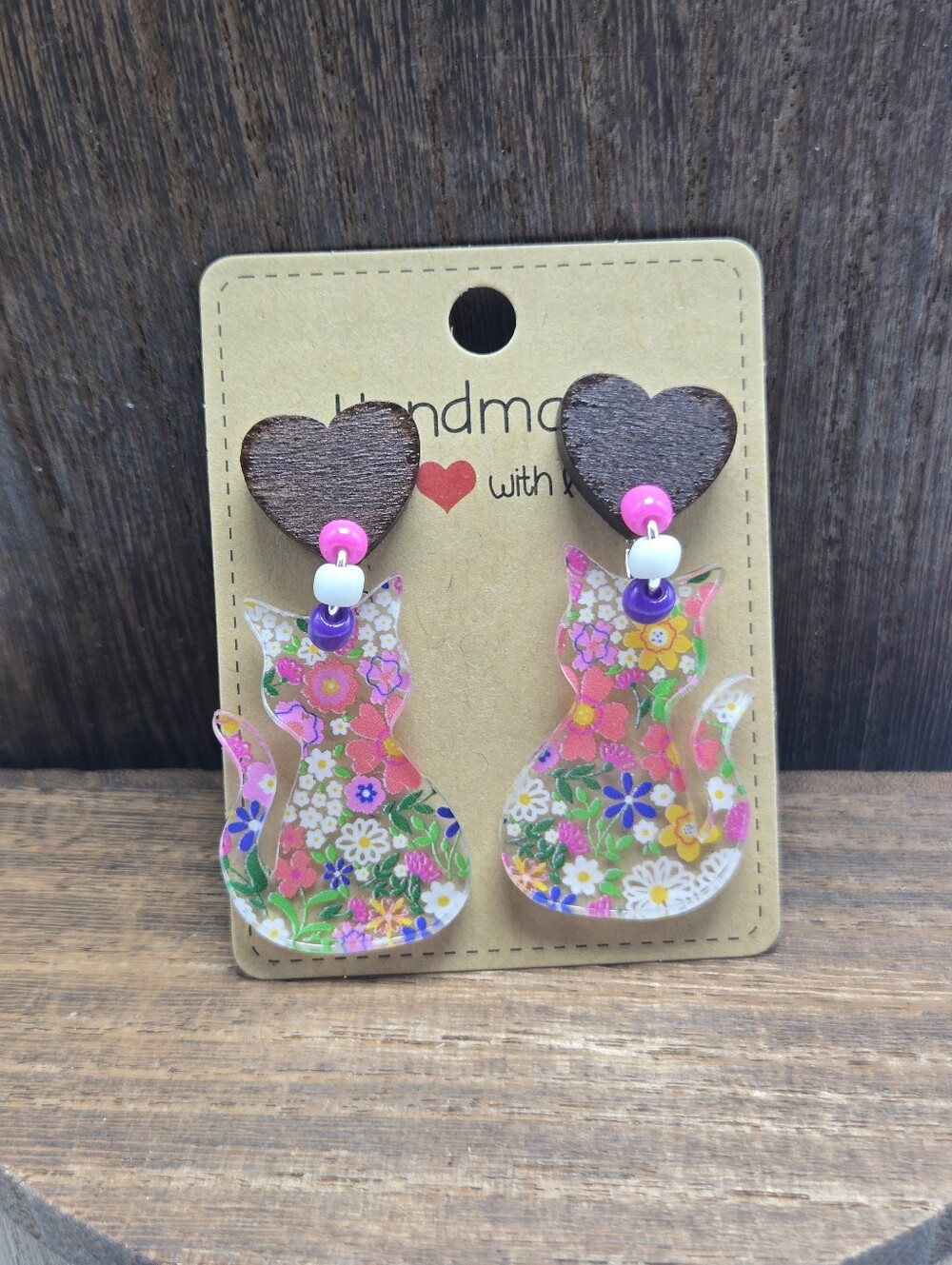 NWT Heart Floral Cat Earrings Pierced Acrylic Glass Beads Wood Dangle Drop OOAK